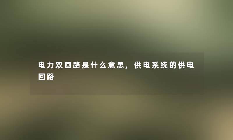 电力双回路是什么意思,供电系统的供电回路